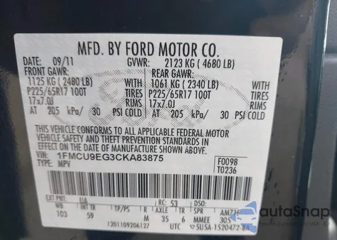 2012 Ford Escape Limited из США, поврежденный, VIN 1FMCU9EG3CKA83875